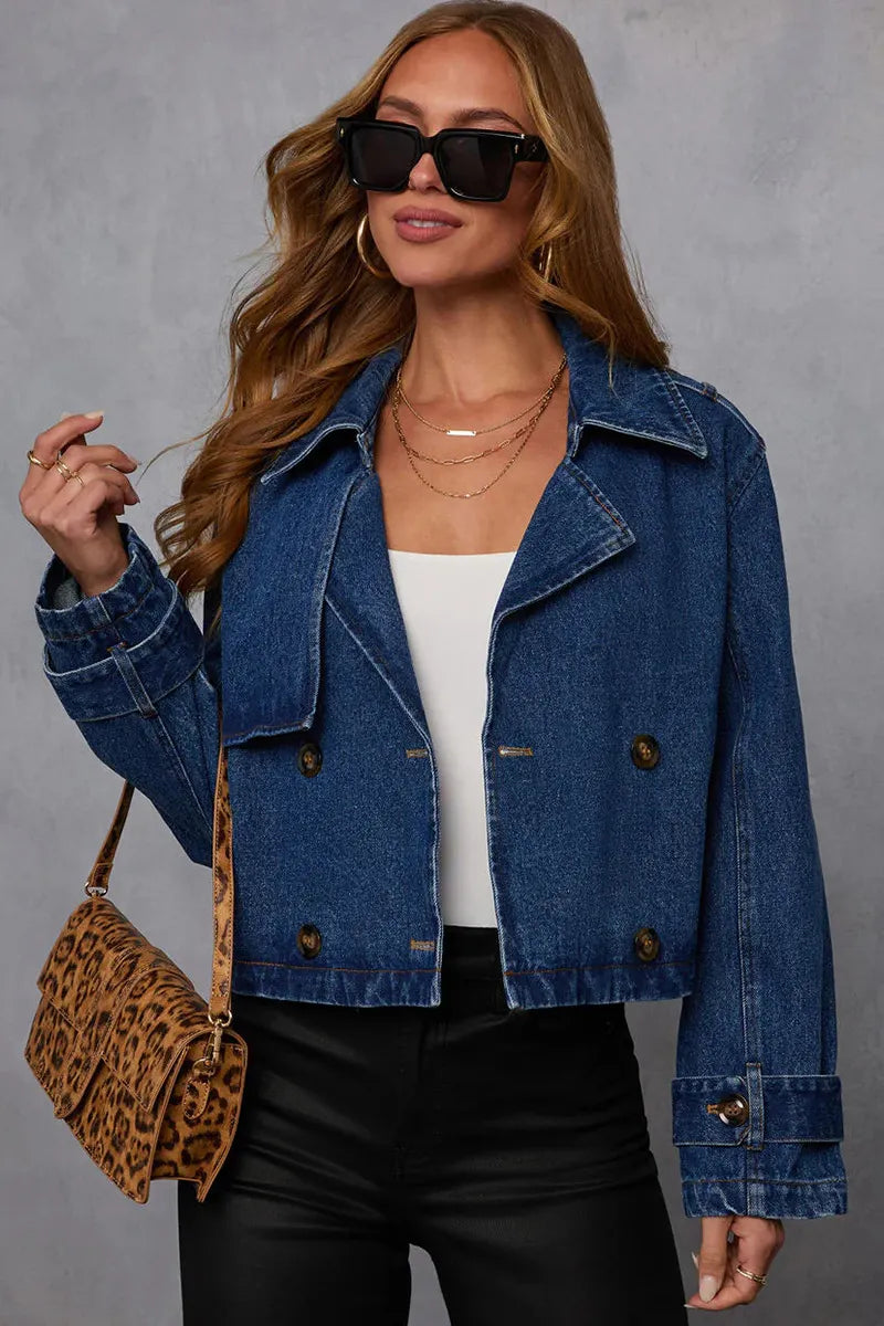 Women's Washed Denim Lapel Neck Cropped Jacket