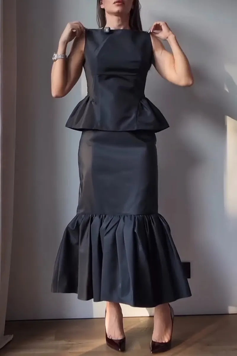 Women's Round Neck Sleeveless Waist Cinched Top+ Half Skirt Solid Color Elegant Temperament Set