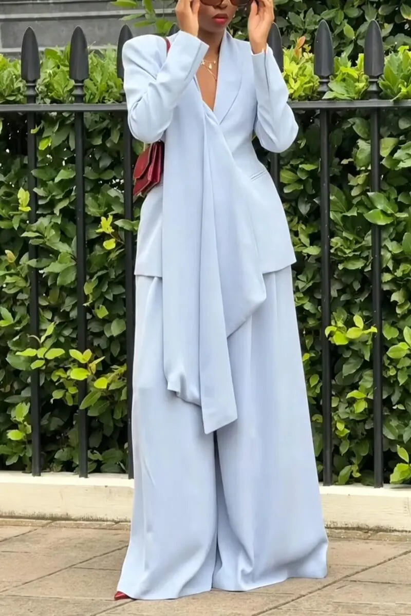 Women Collar Splicing Blazer+ Wide Leg Pants Temperament Commuting Formal Suit