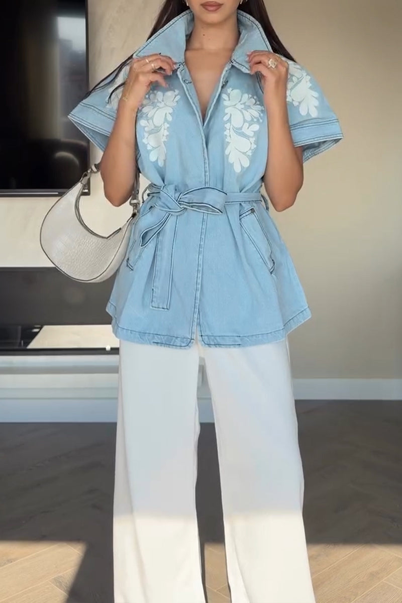 Women's Casual Wide Shoulder Floral Pattern Waist Cinching Denim Vest with Belt