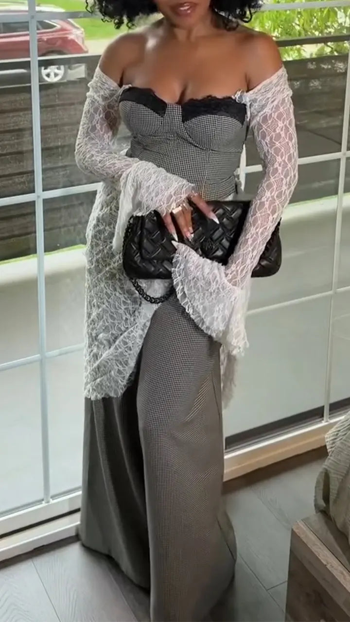 Women Sexy Casual Strapless Patchwork Lace Pattern Irregular Top + Wide Leg Pants