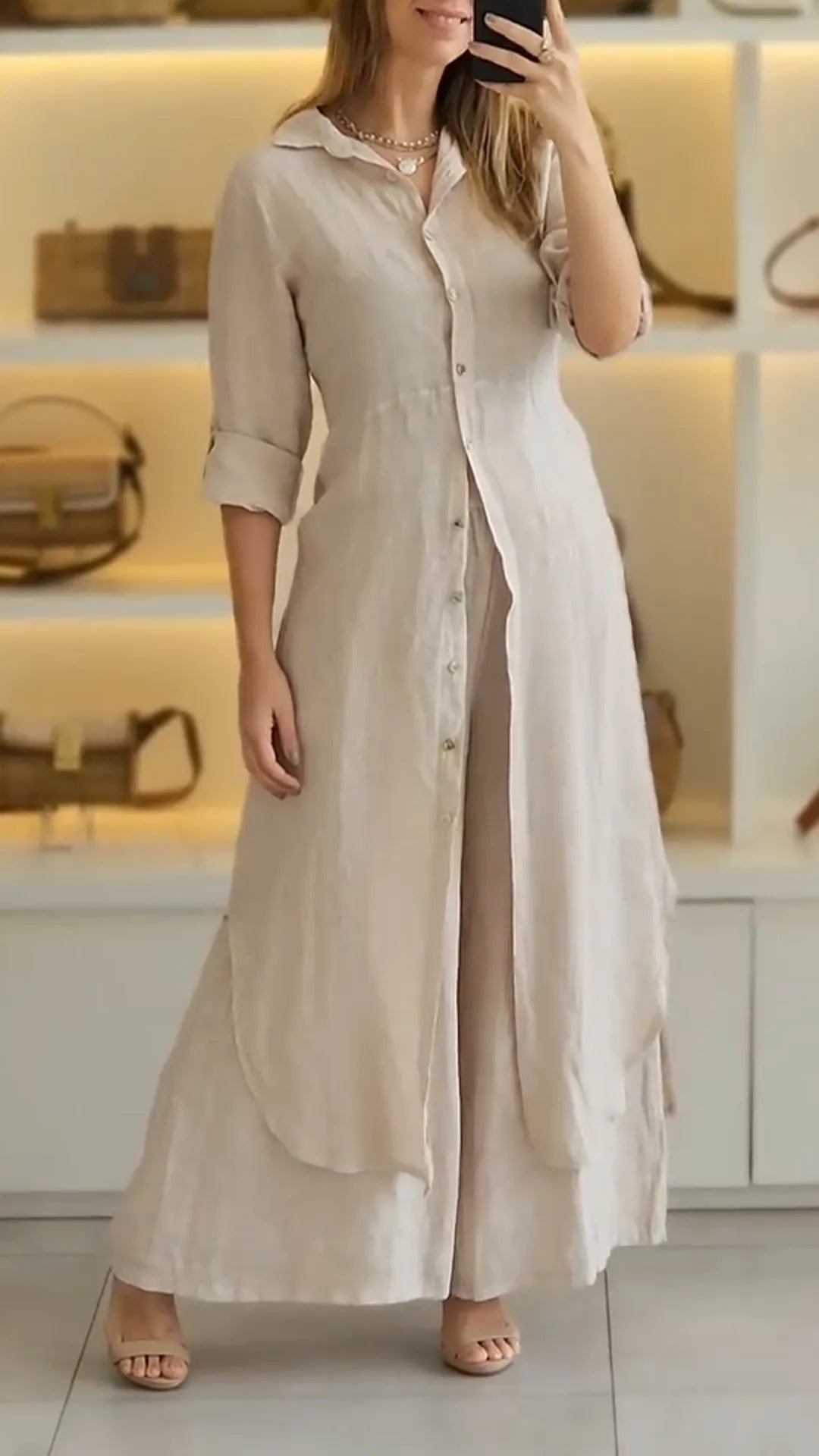 Women's Collar and Buckle Long Top+ Pants Loose Casual Suit
