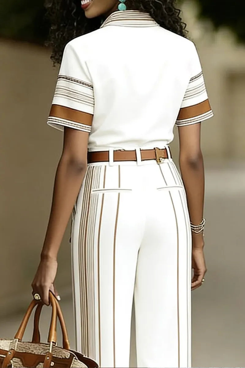 Women's Elegant Contrast Trim Jumpsuit with Pinstripe Wide-Leg Silhouette