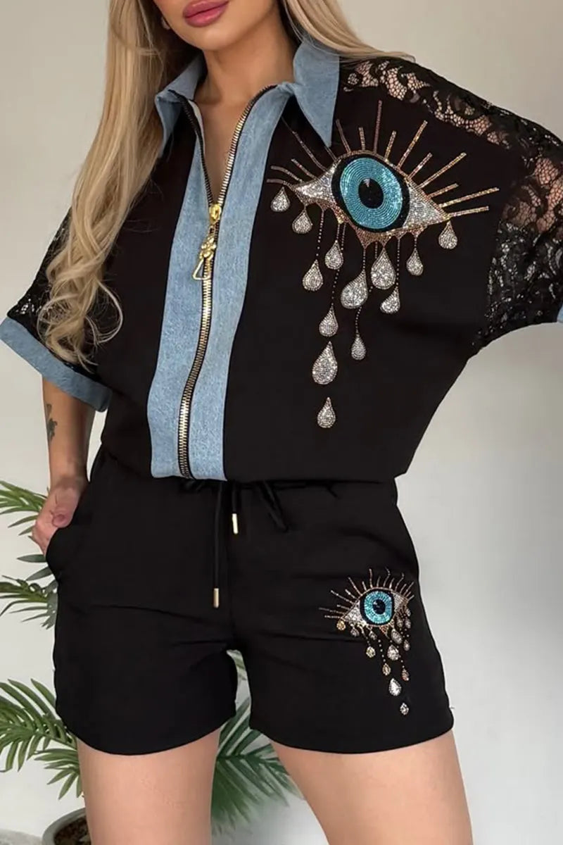 Women Collar Hot Stamping Diamond Pattern Splicing Denim Top+ Shorts Casual Set