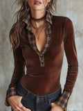 Boho Brown Velvet Long Sleeve Slim Fit Blouse with Plaid Collar