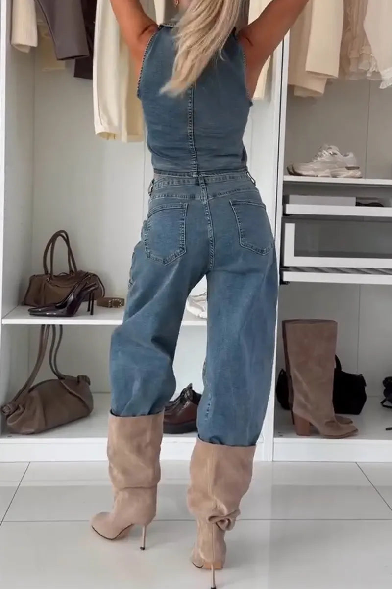 Women's Lapel Sleeveless Patchwork Round Button Denim Vest or Jeans