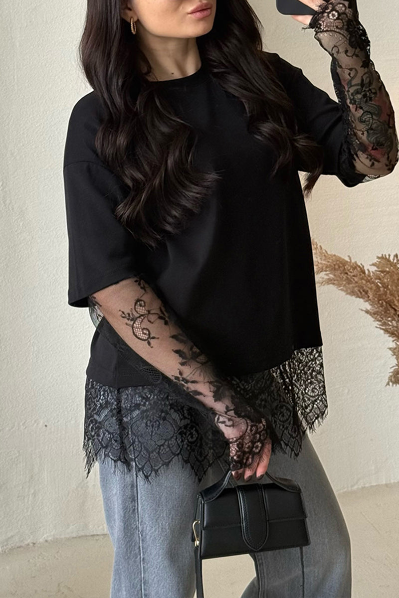 Women's Casual Lace Patchwork Loose T-Shirt