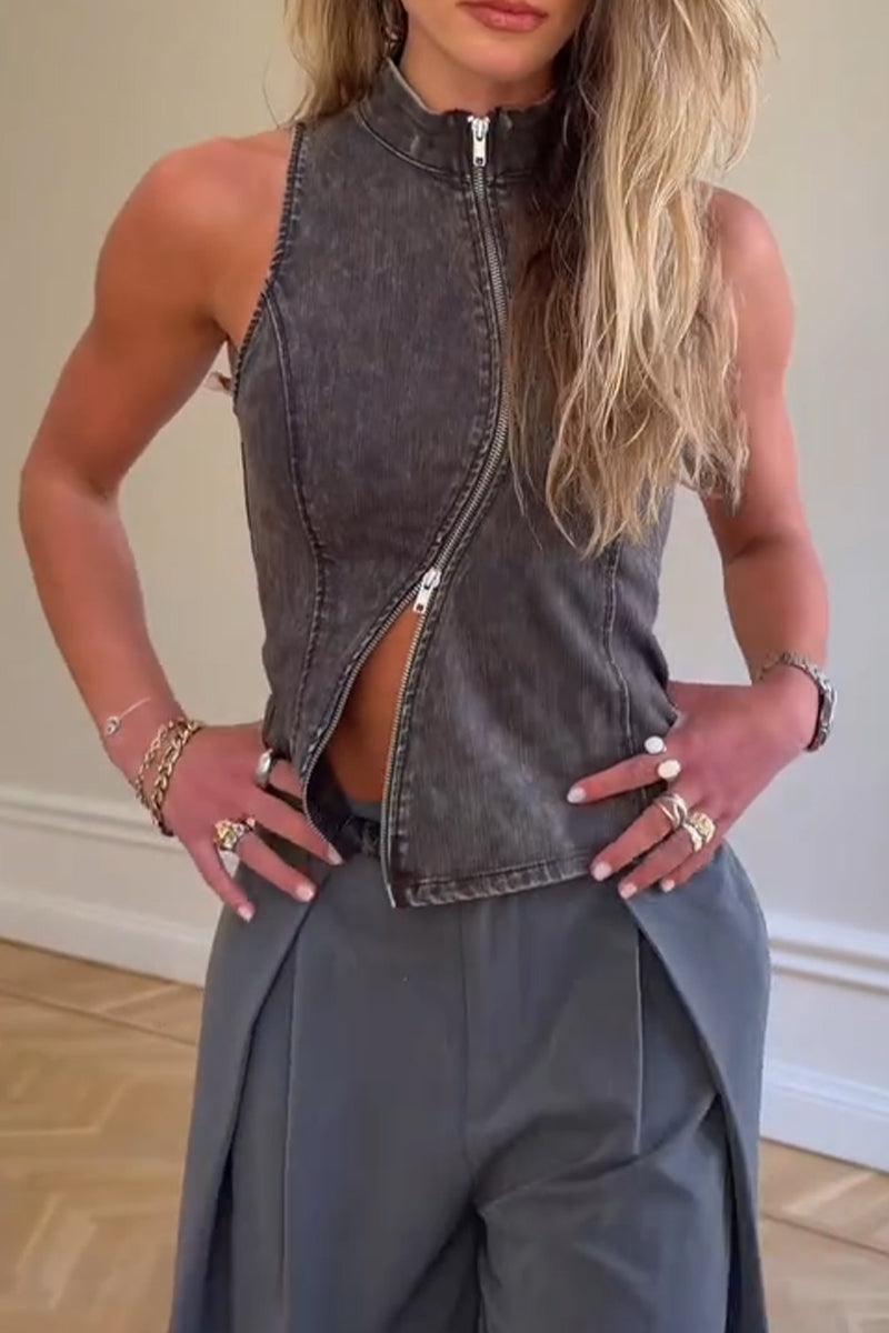 Women Casual Round Neck Sleeveless Zipper Denim Top or Wide Leg Pants