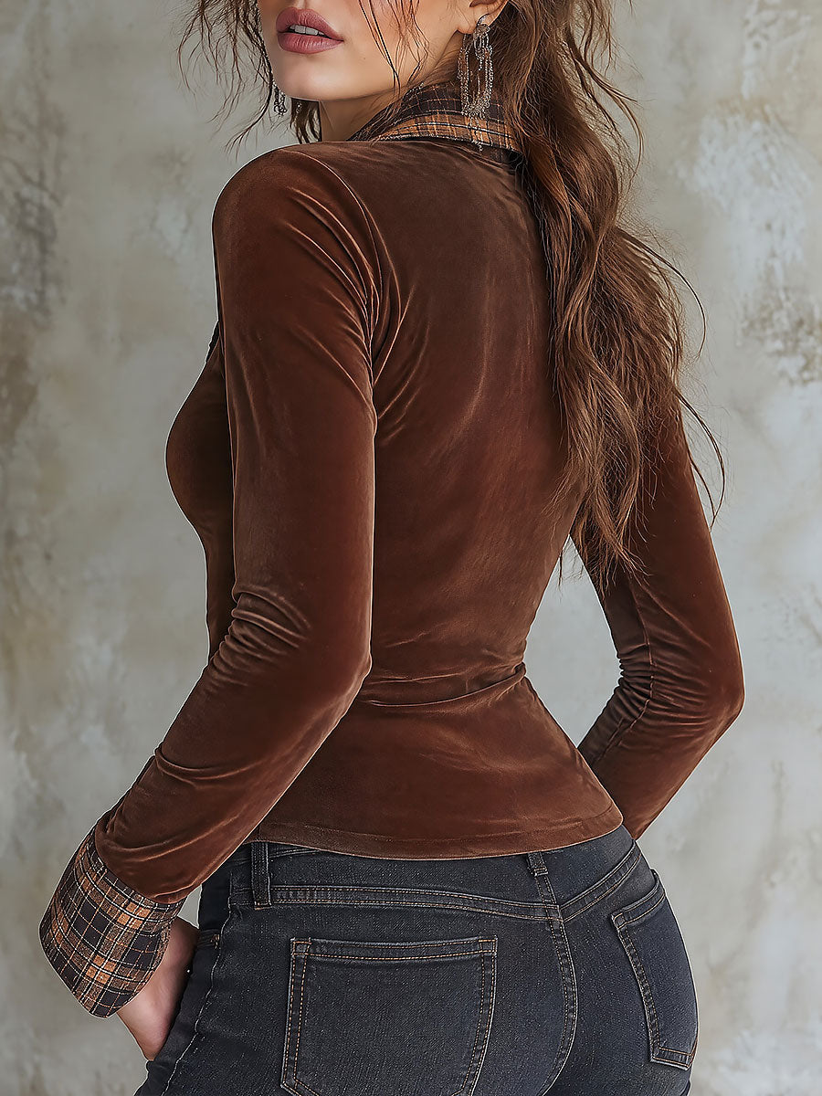Boho Brown Velvet Long Sleeve Slim Fit Blouse with Plaid Collar