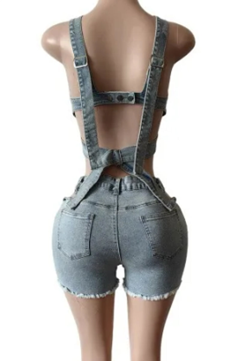 Ladies' Fashionable Denim Sleeve Short Top And Shorts