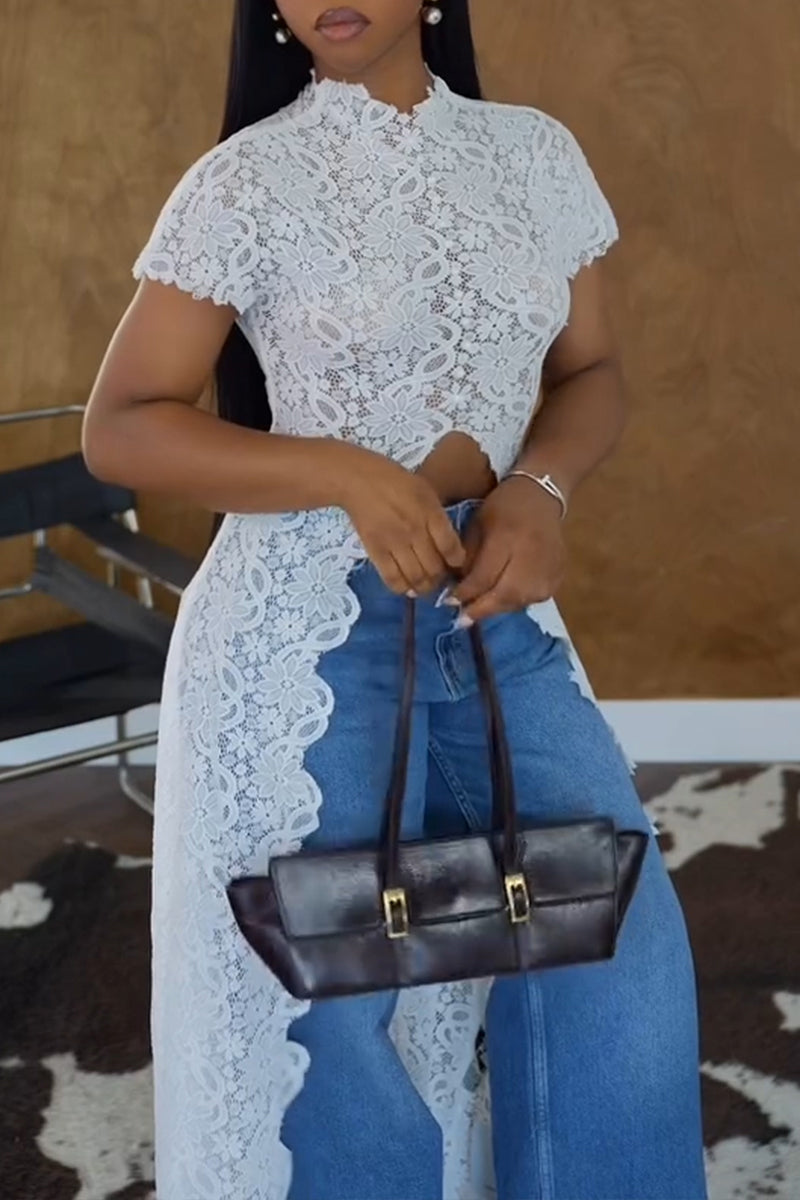 Women's Elegant Lace Short Sleeve High-Low Top