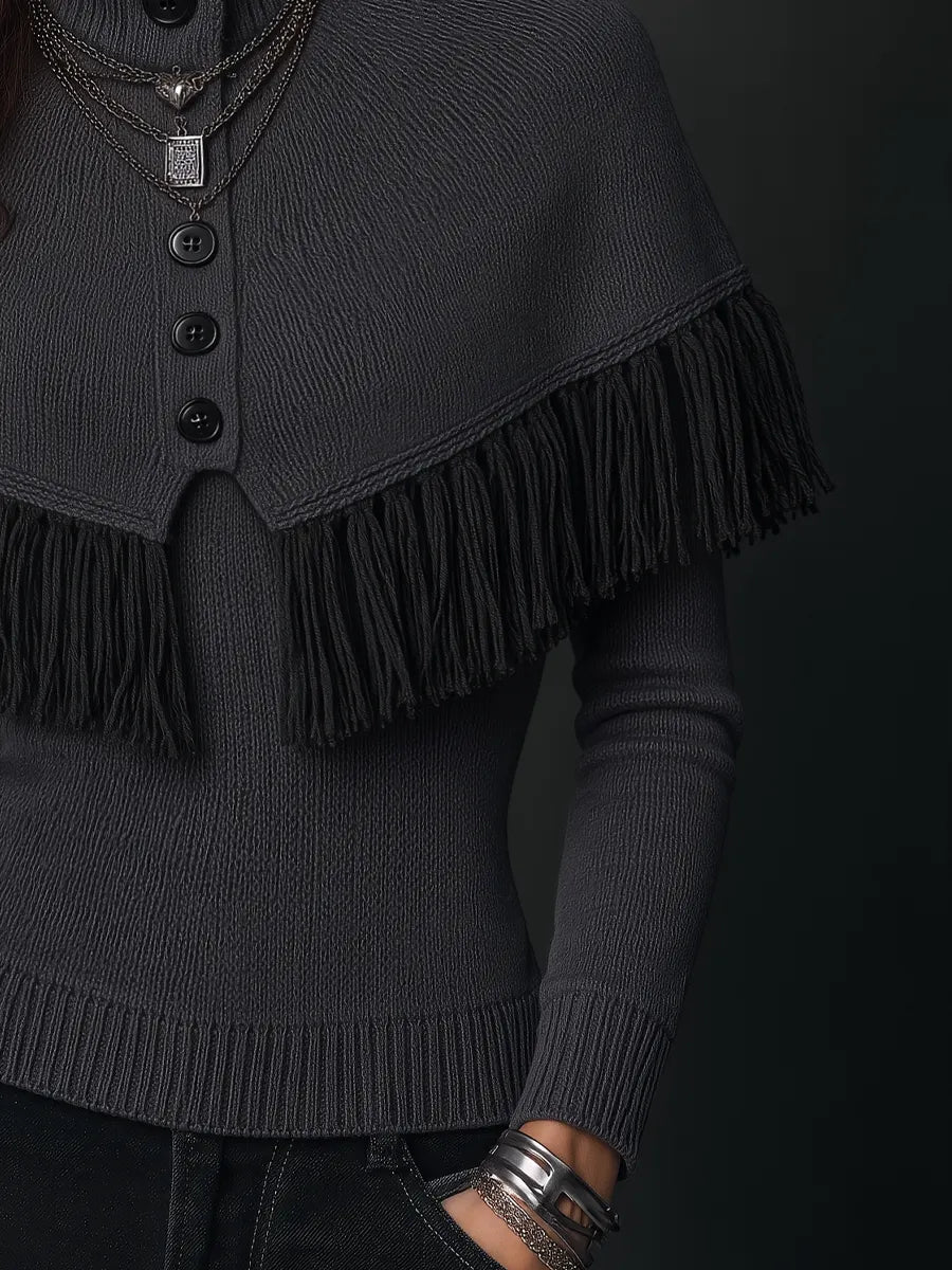 Vintage Charcoal Gray Fringe Cape Collar Knit Sweater