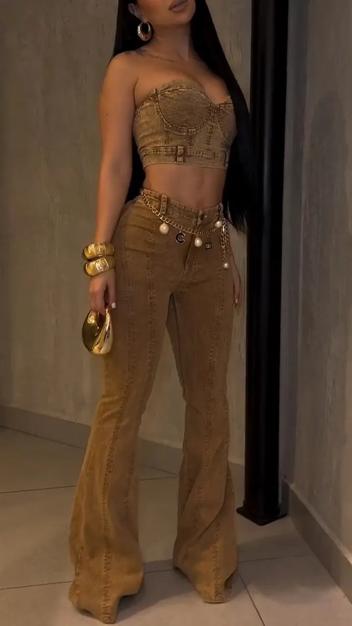 Women Strapless Top+ Pants Sexy Spicy Girl Temperament Casual Suit