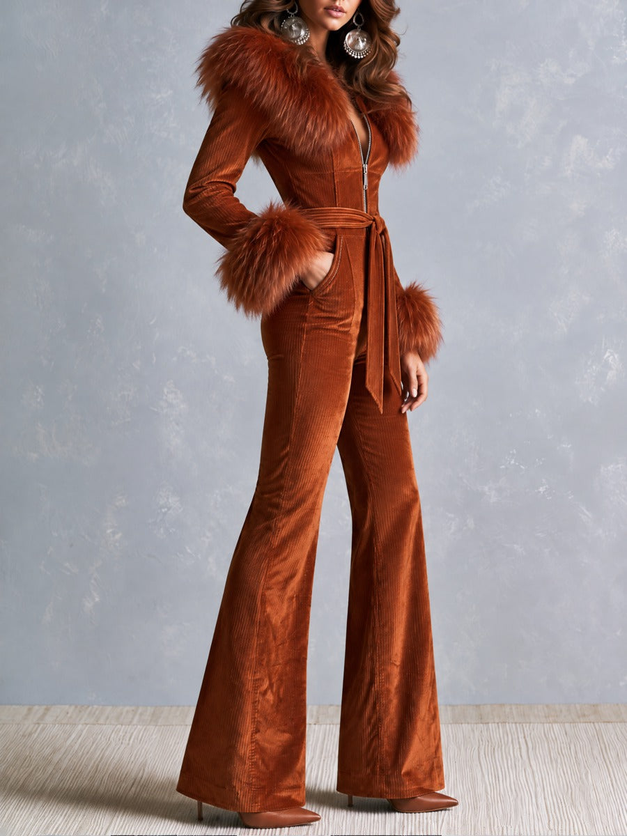 Retro Rust Corduroy Flare Jumpsuit With Faux Fur Collar And Cuffs