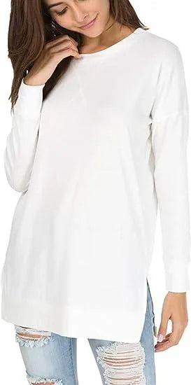 Women Long Sleeve Cotton Top Round Neck Casual Solid Color Top