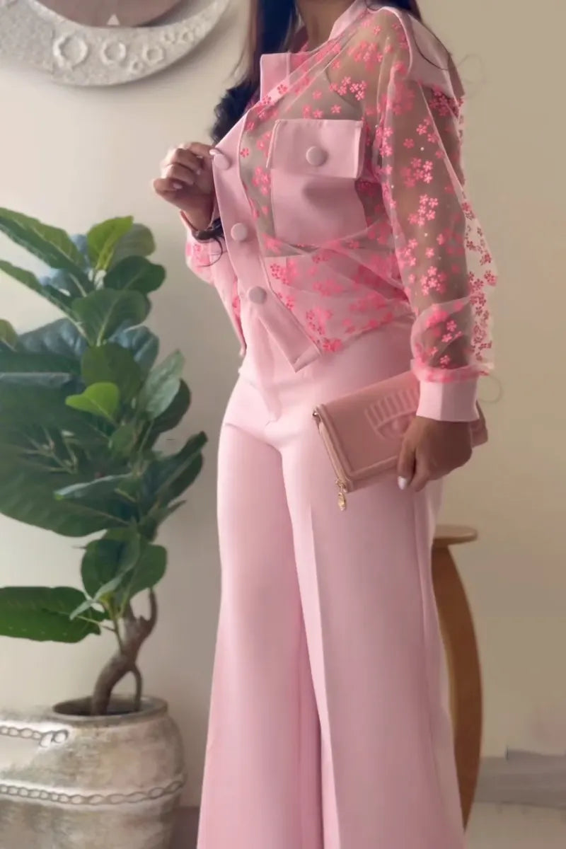 Women Round Neck See Through Printed Jacket+ Pants Casual Set