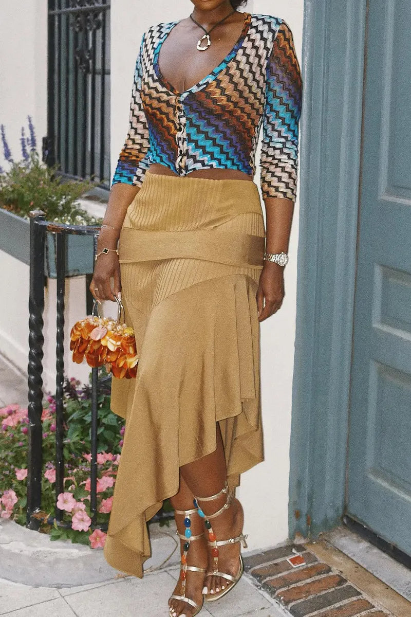 Women Elegant and Casual Deep V-neck Printed Top or Irregular Patchwork Skirt