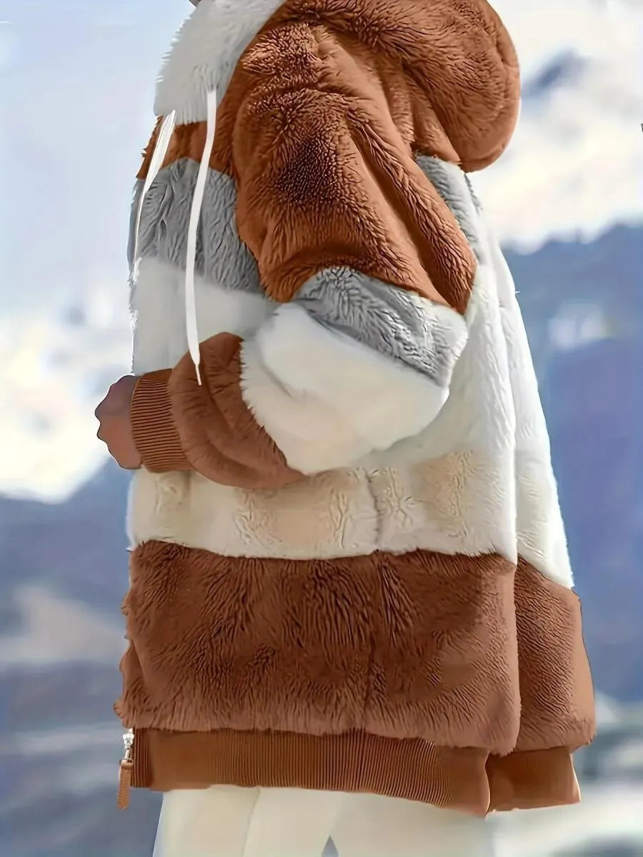 Women's Hooded Contrasting Color Casual Plush Coat
