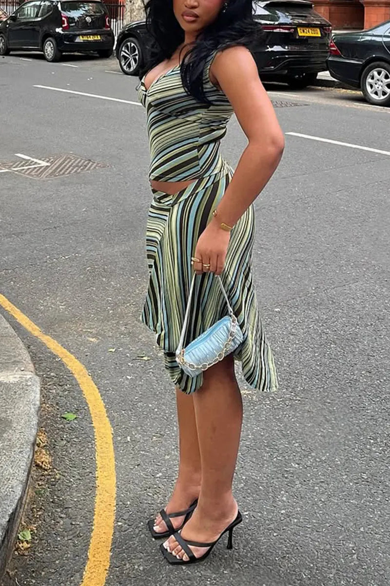 Women Low Neck Striped Top+ Irregular Half Skirt Casual Suit