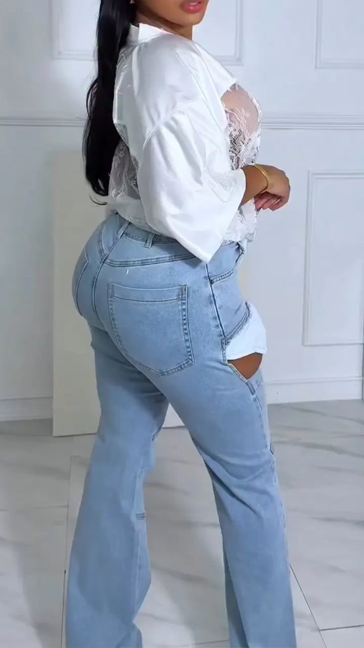 Women V-neck Patchwork See Through Top+ Hollowed Out Jeans Sexy Casual Suit