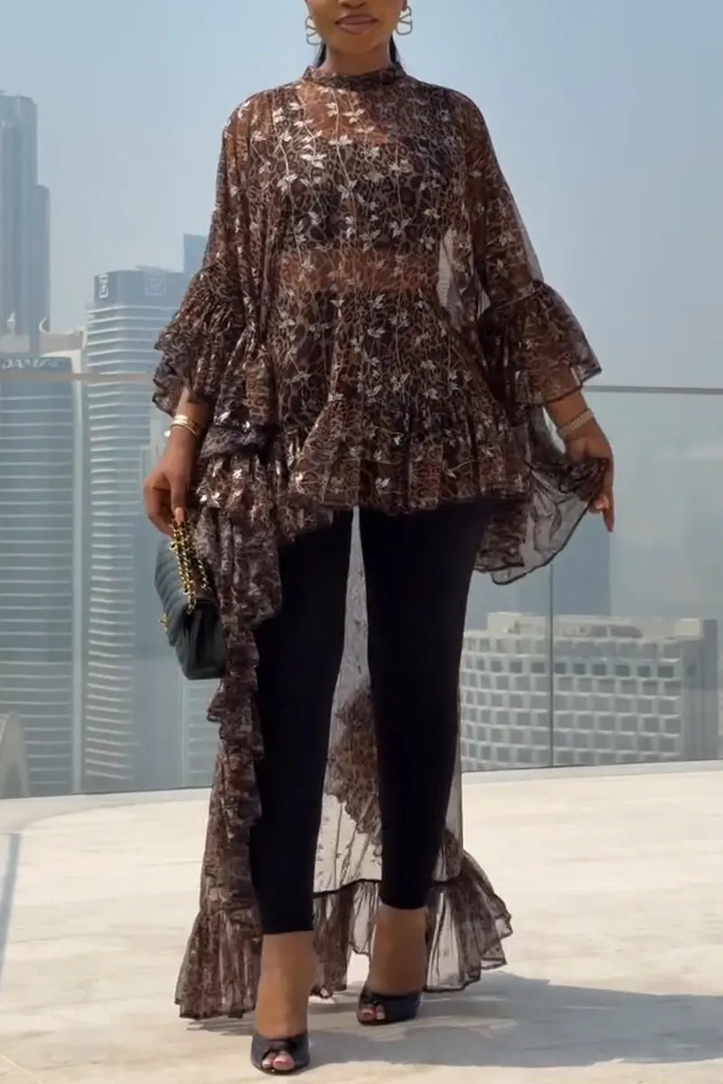 Women's Round Neck Printed See Through Spliced Long Cover Shirt