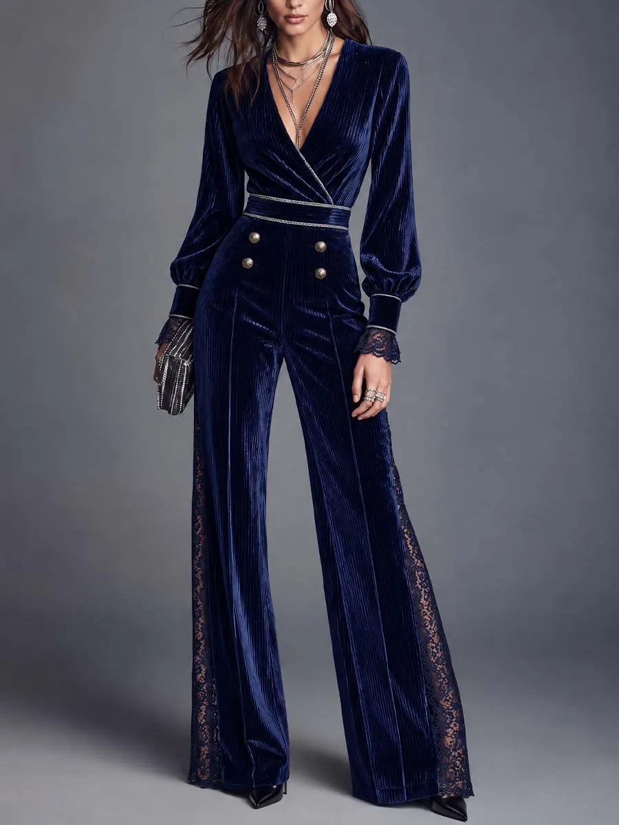 Navy Velvet Surplice V-Neck Wide Leg Jumpsuit with Lace Trim and Bishop Sleeves
