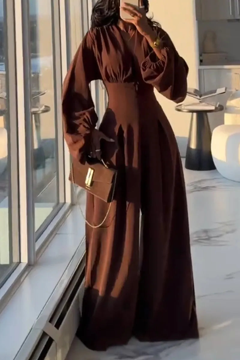 Women Deep V-neck Waist Cinched Solid Color Casual Jumpsuit with Temperament