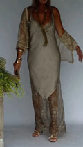 Women Spaghetti Strap Patchwork Lace Dress+ Cardigan Casual Set