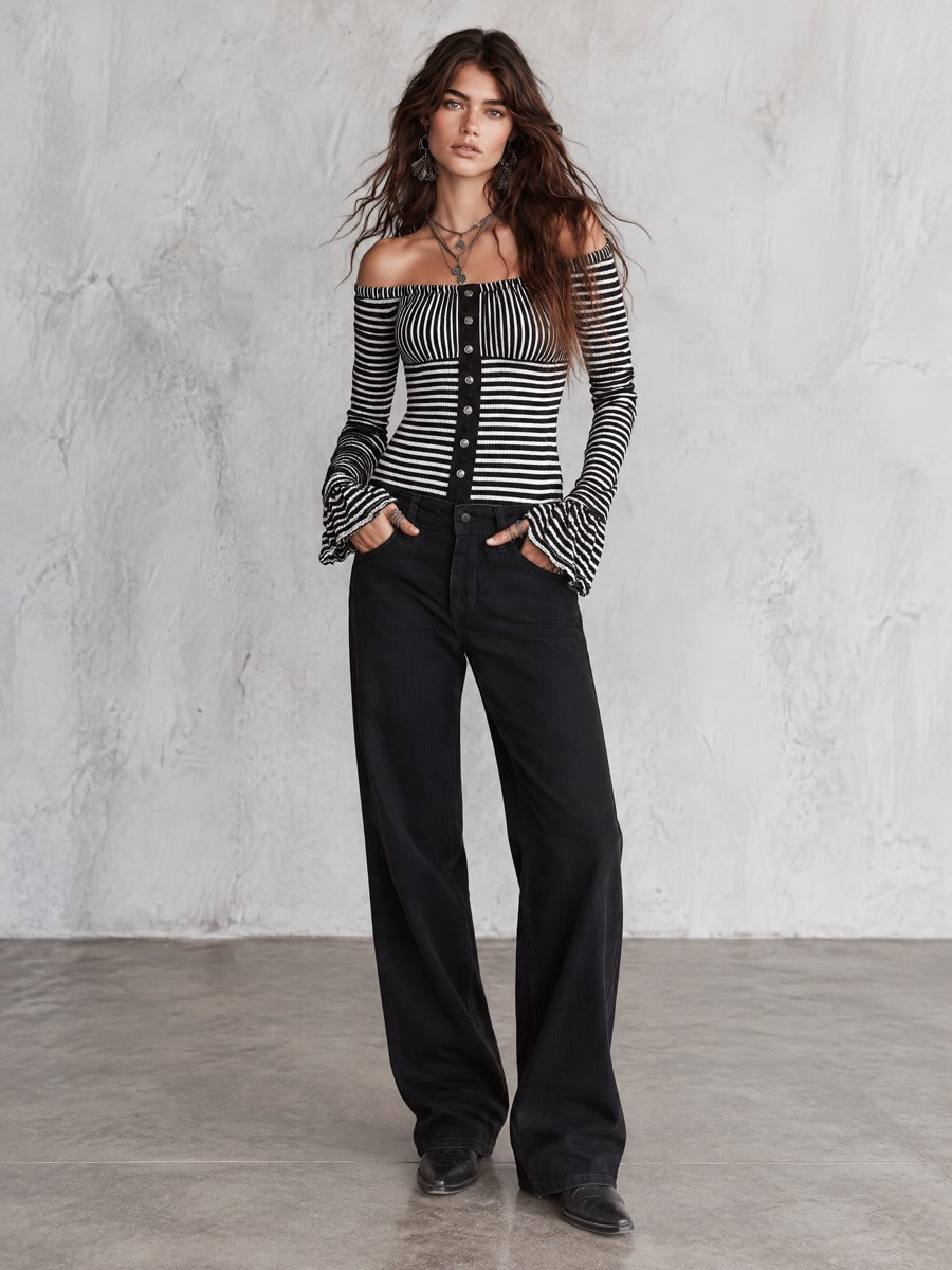 Black and White Striped Off-Shoulder Bell Sleeve Ribbed Knit Top with Button Placket