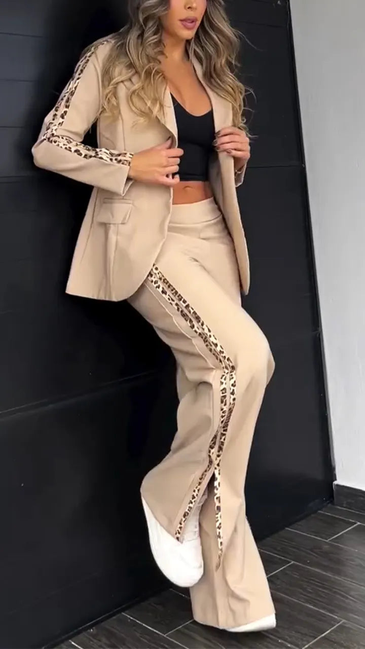 Women Lapel Side Vertical Stripe Print Jacket + Pants Temperament Commuter Suit