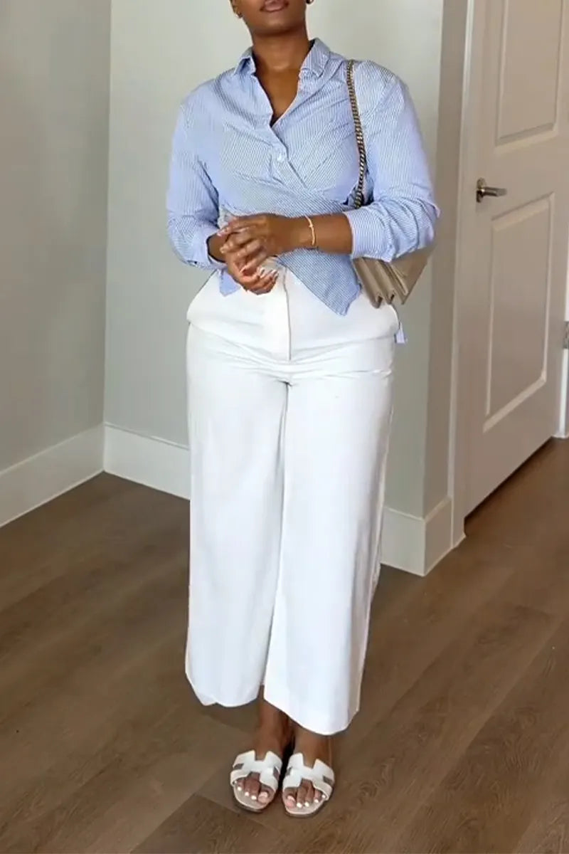 Women Collar Solid Color Shirt or Wide Leg Pants