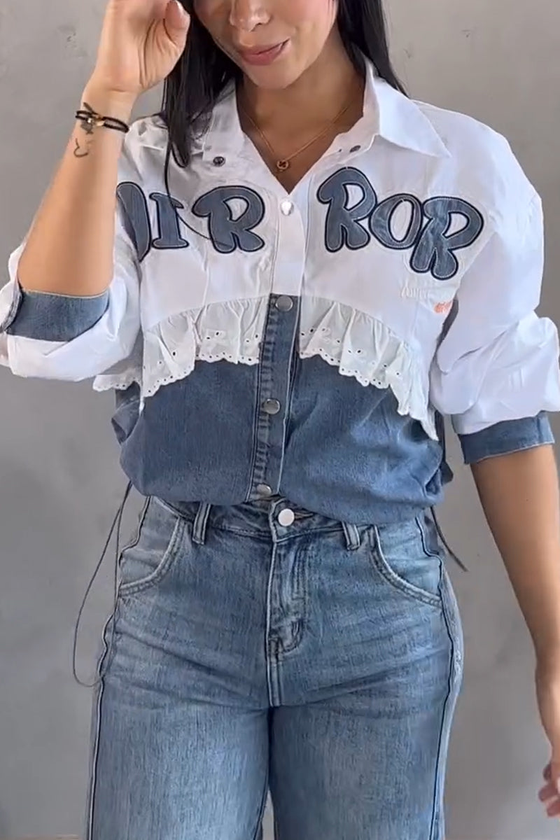 Women's Collar Patchwork Denim Casual Shirt