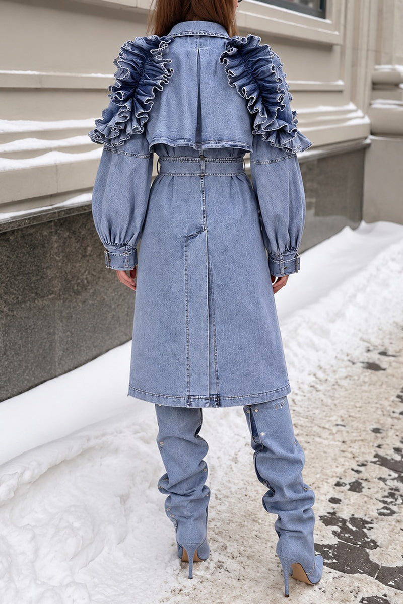 Women's Fashion Lapel Ruffle Decoration Double-Breasted Denim Coat
