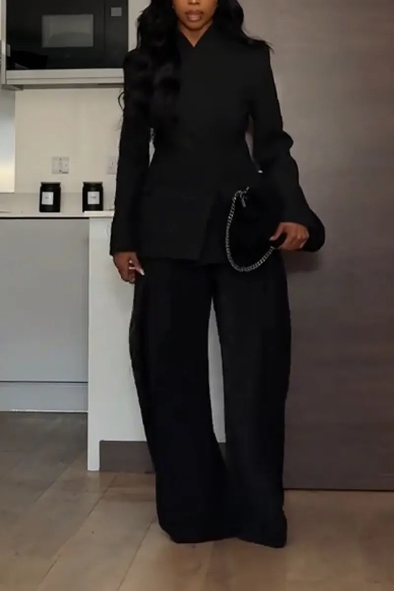 Women Round Neck Blazer +wide Leg Pants Temperament Commuting Formal Suit
