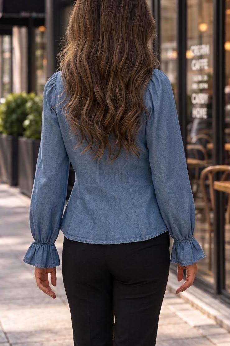 Women's Denim Peplum Top Ruffle V Neck Long Sleeve Button Down Shirt Slim Fit Jean Blouse Elegant Fall Work Office Casual Tops