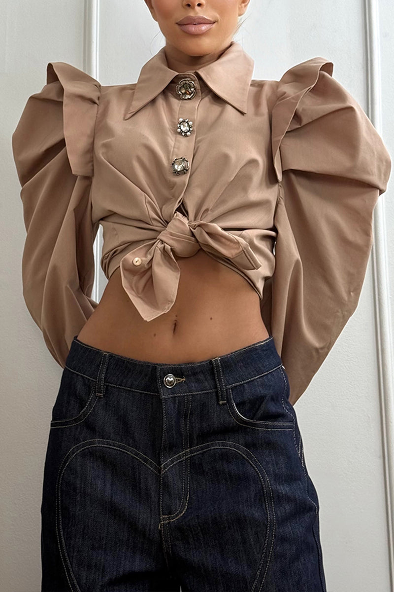 Women's Fashion Leg of Mutton Sleeve Button Decoration Shirt