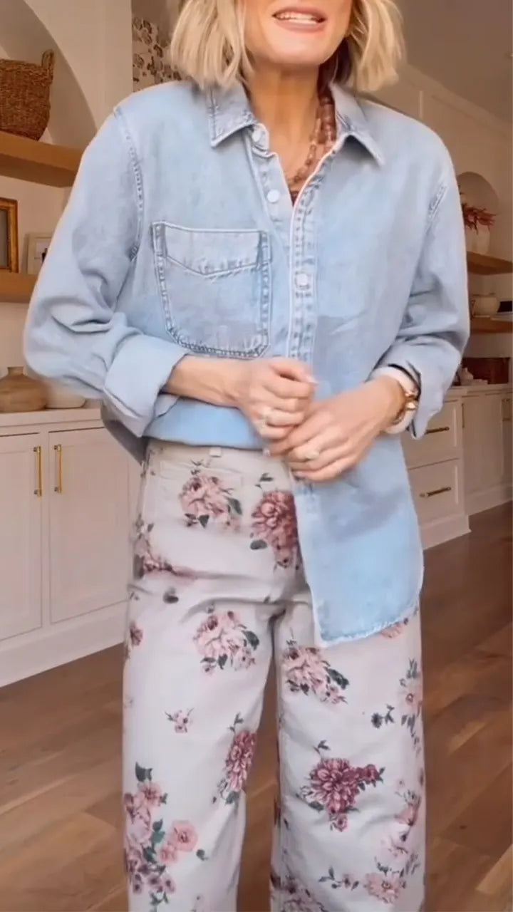 Women Collar Denim Top+ Printed Pants Casual Suit