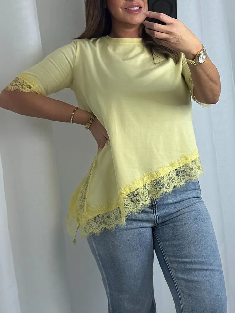 Women Round Neck Patchwork Lace Irregular Casual Top