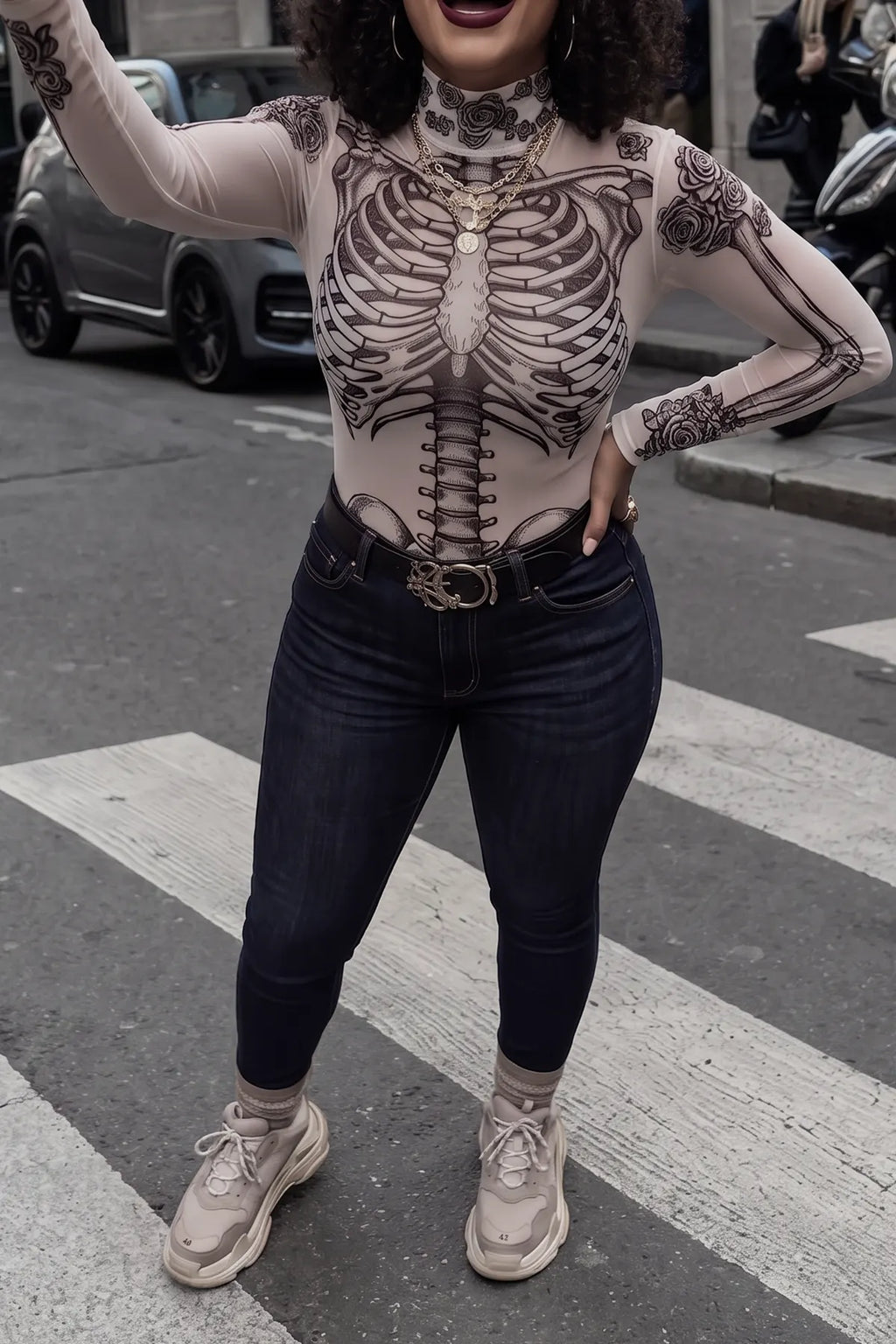 Women's Y2K Skull Ribcage Floral Print Sheer Mesh Top Long Sleeve Mock Turtle Neck Sexy See Through Bodycon Shirt