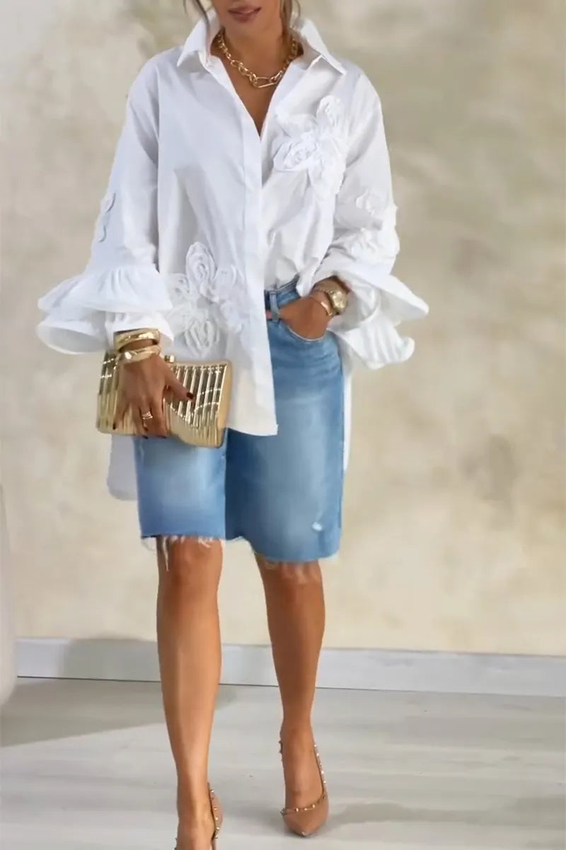 Women's Casual Loose Floral Decoration High Low Shirt