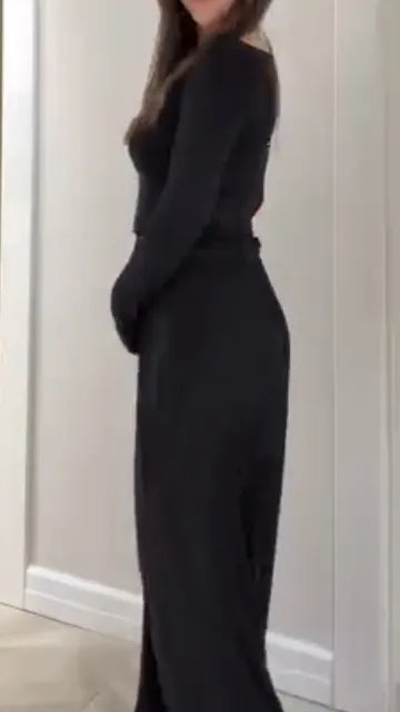 Women Round Neck Top + Pants Solid Color Casual Suit