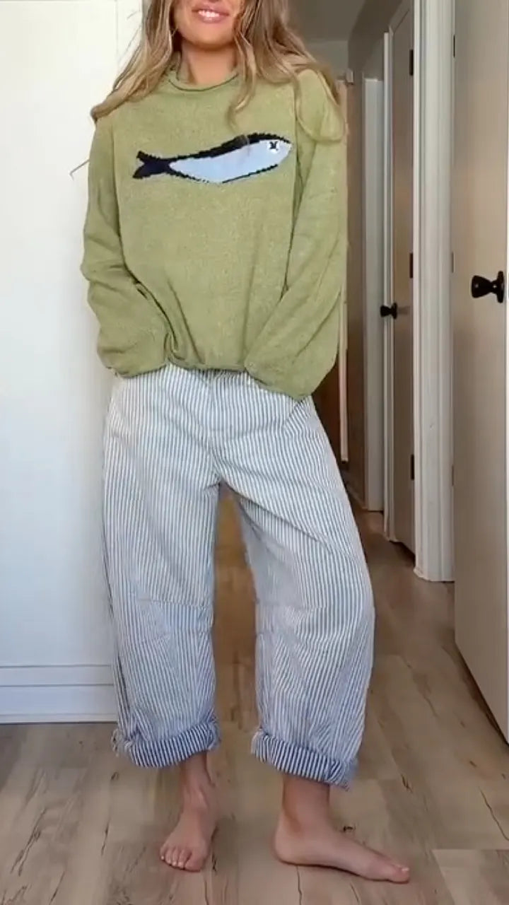 Women's Round Neck Sweater + Striped Trousers Casual Suit