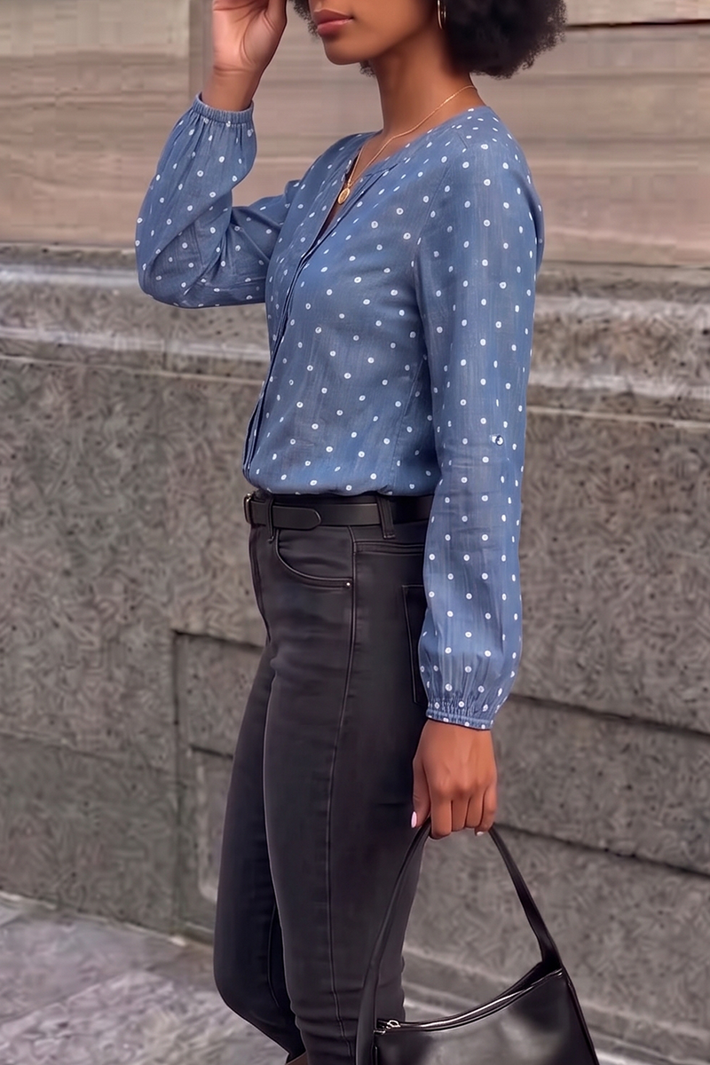 Women's Azure Dotted Split-Neck Chambray Blouse