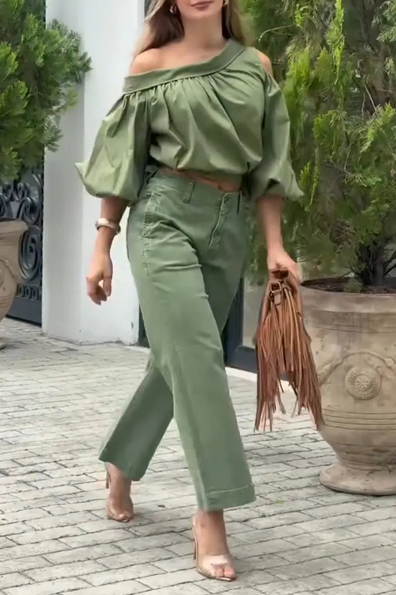Women Off Shoulder Top+ Pants Casual Outfit with Temperament