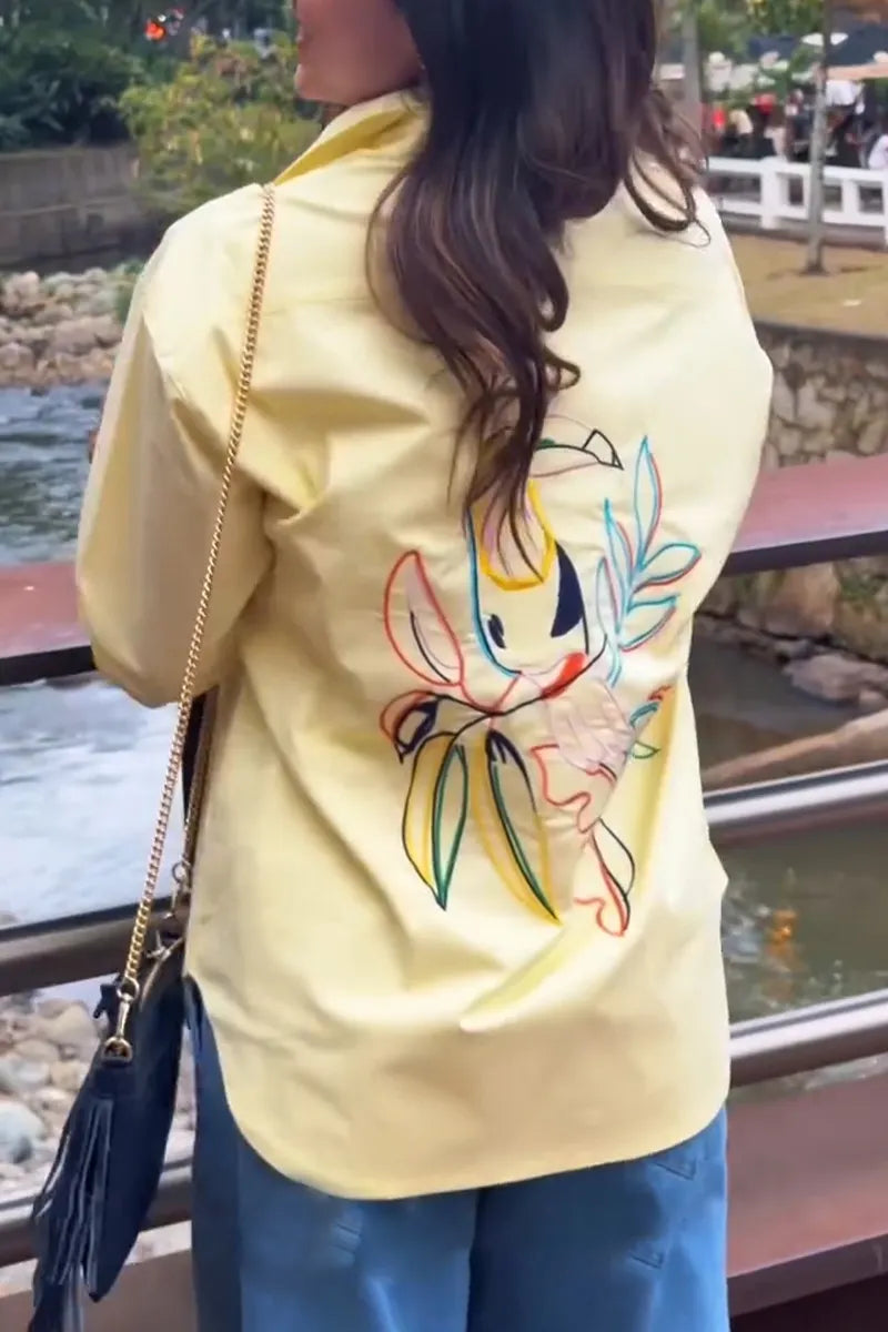 Women's Flip Collar Printed Casual Shirt On The Back