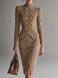 Camel Striped Velvet Midi Dress With Stand Collar Double-Breasted