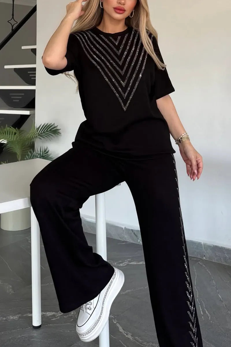 Women Round Neck Rhinestone Splicing Perspective Top+ Pants Casual Suit