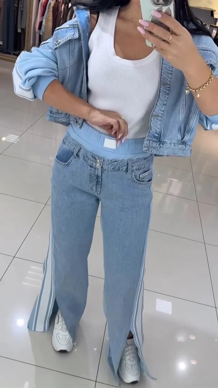 Women Collar Jacket+ Pants Casual Denim Suit