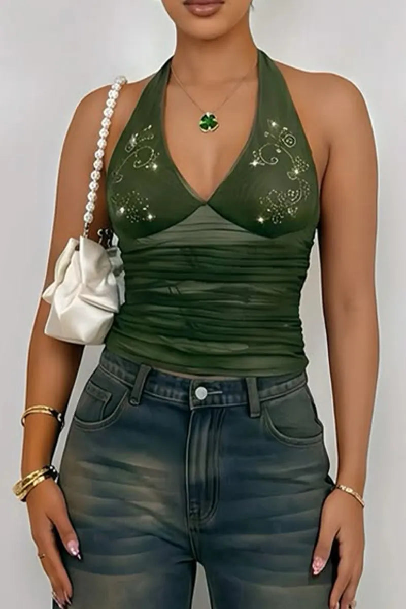 Women Neck Hanging Rhinestone Patterned Top or Washed Wide Leg Jeans