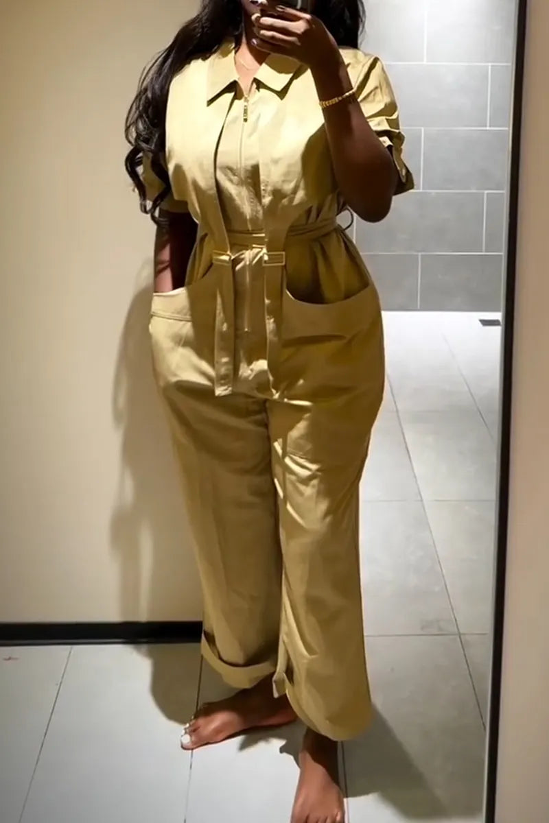 Women Collar Zipper Splicing Casual Jumpsuit